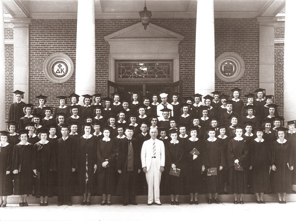 It's easy to spot Harry S. Truman front and center posing for this photo with the Class of 1943 standing on the steps in front of Kirk Memorial on the campus of Truman State University.