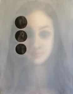 Portrait by marisa andropolis with circular cutouts in a line down the face revealing a rabbit