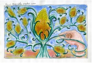 Illustration from Popol Vuh featuring a corn plant and a hand