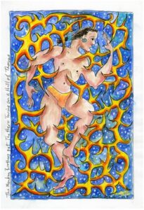 Illustration from popol vuh exhibit, featuring a figure wrapped in thorny vines